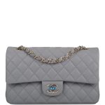 Chanel Shiny Gray Quilted Caviar Medium Classic Double Flap Bag Light Gold Hardware
