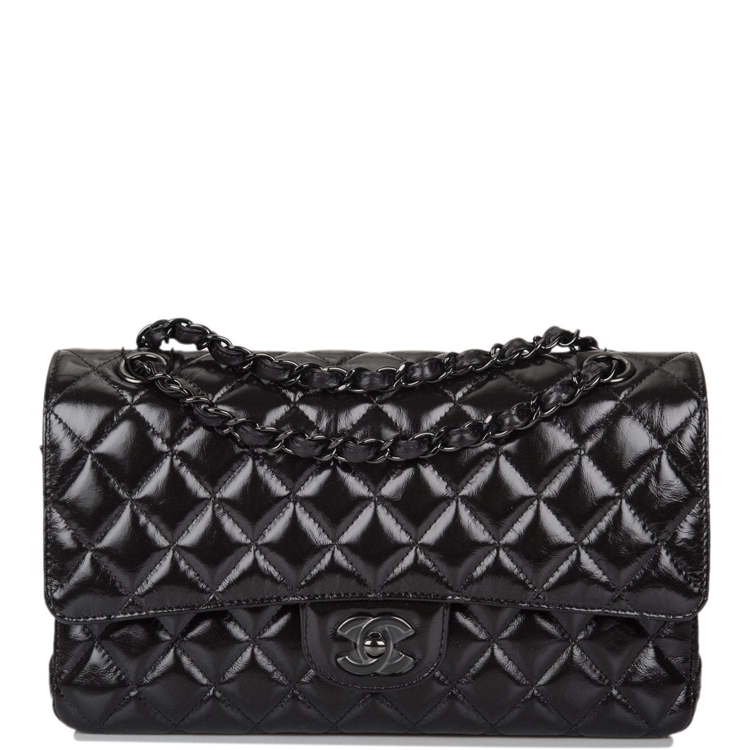 C-C255-070820-1-1 Chanel Shiny SO Black Crumpled Calfskin Quilted Medium Classic Double Flap Bag Black Hardware - Image 1