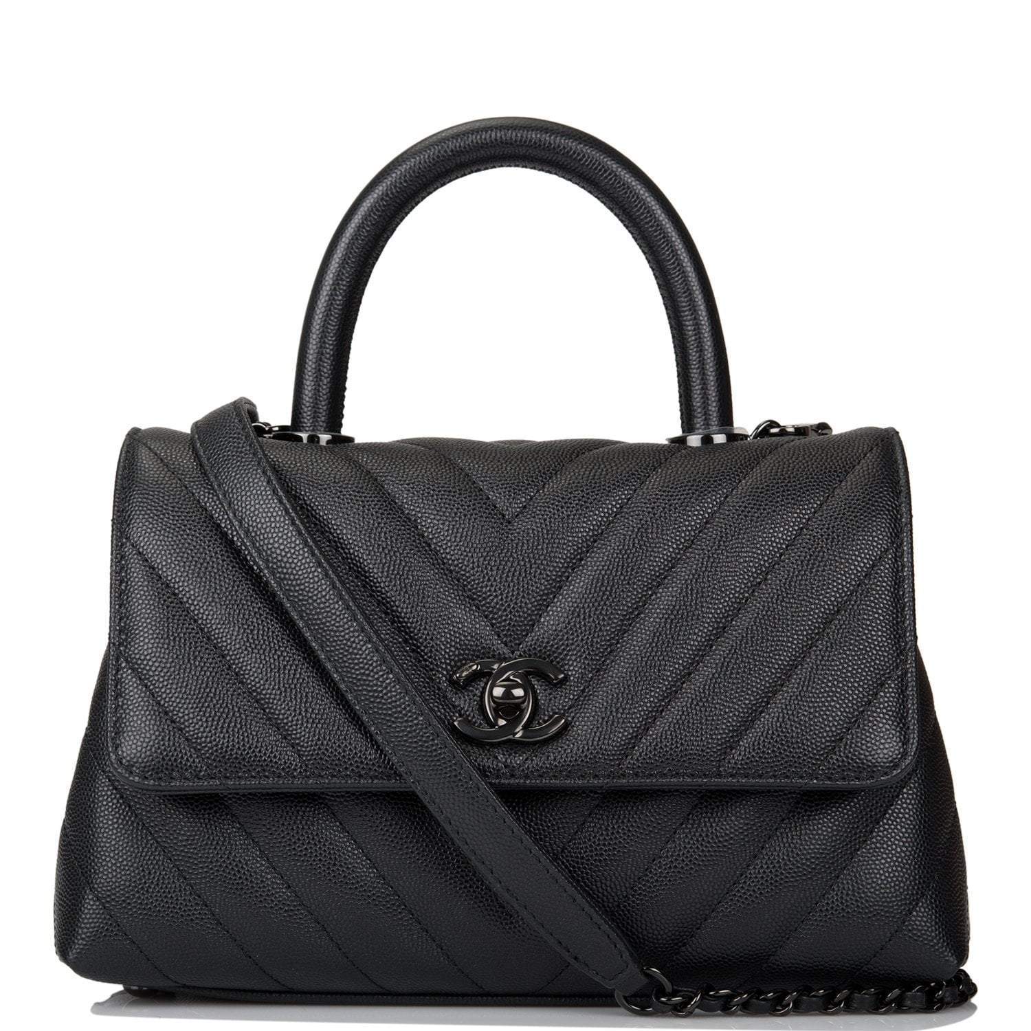 C-FN-022120-2-1_f5e2e07c-d28d-4a67-ad7c-4316d7f0d97c Chanel SO Black Chevron Caviar Mini Coco Handle Flap Bag Black Hardware - Image 1