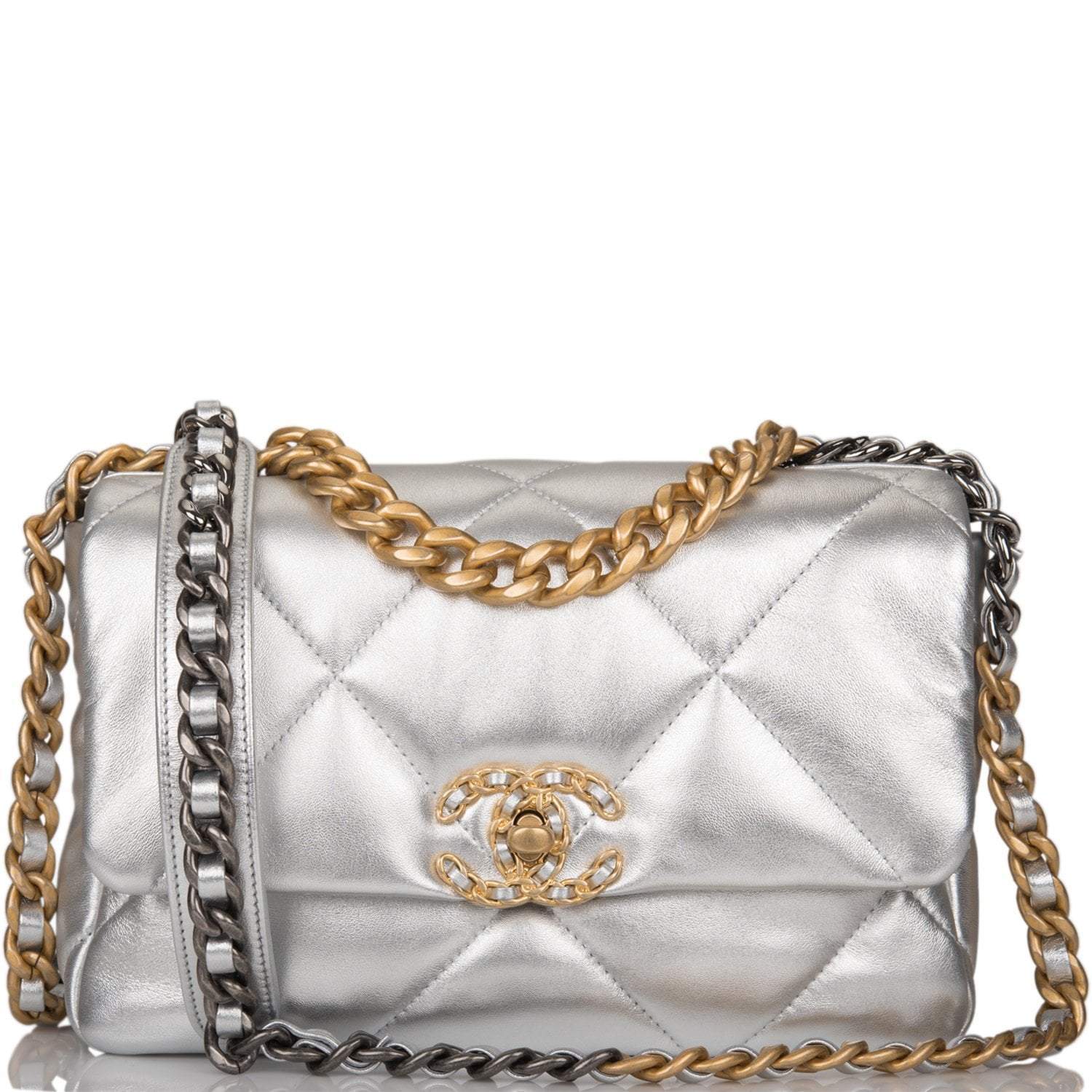 C-FN-031821-3-1 Chanel Silver Metallic Quilted Lambskin Medium 19 Flap Bag Mixed Hardware - Image 1