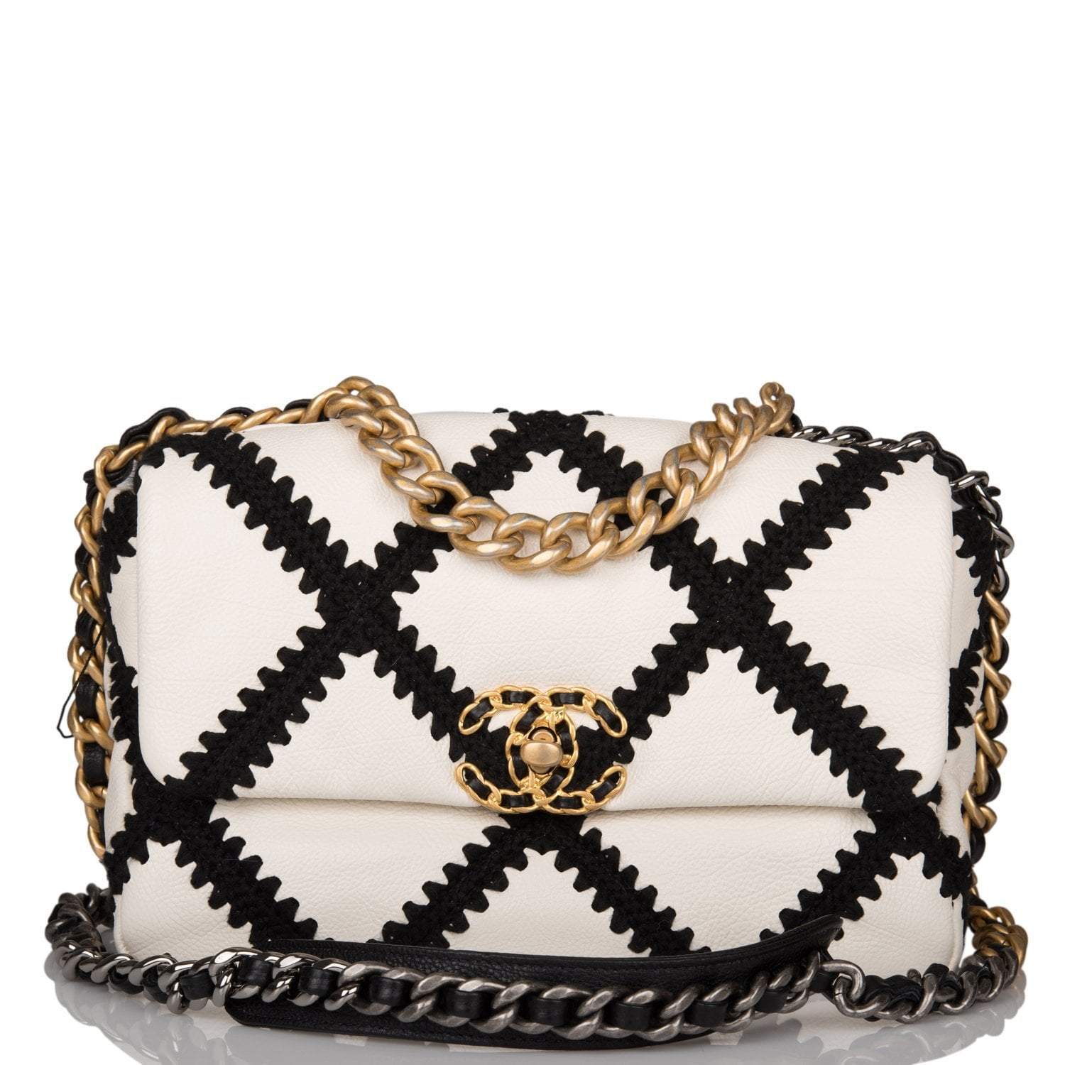 C-FN-089221-1-1 Chanel White and Black Crochet Quilted Calfskin Medium 19 Flap Bag Mixed Hardware - Image 1