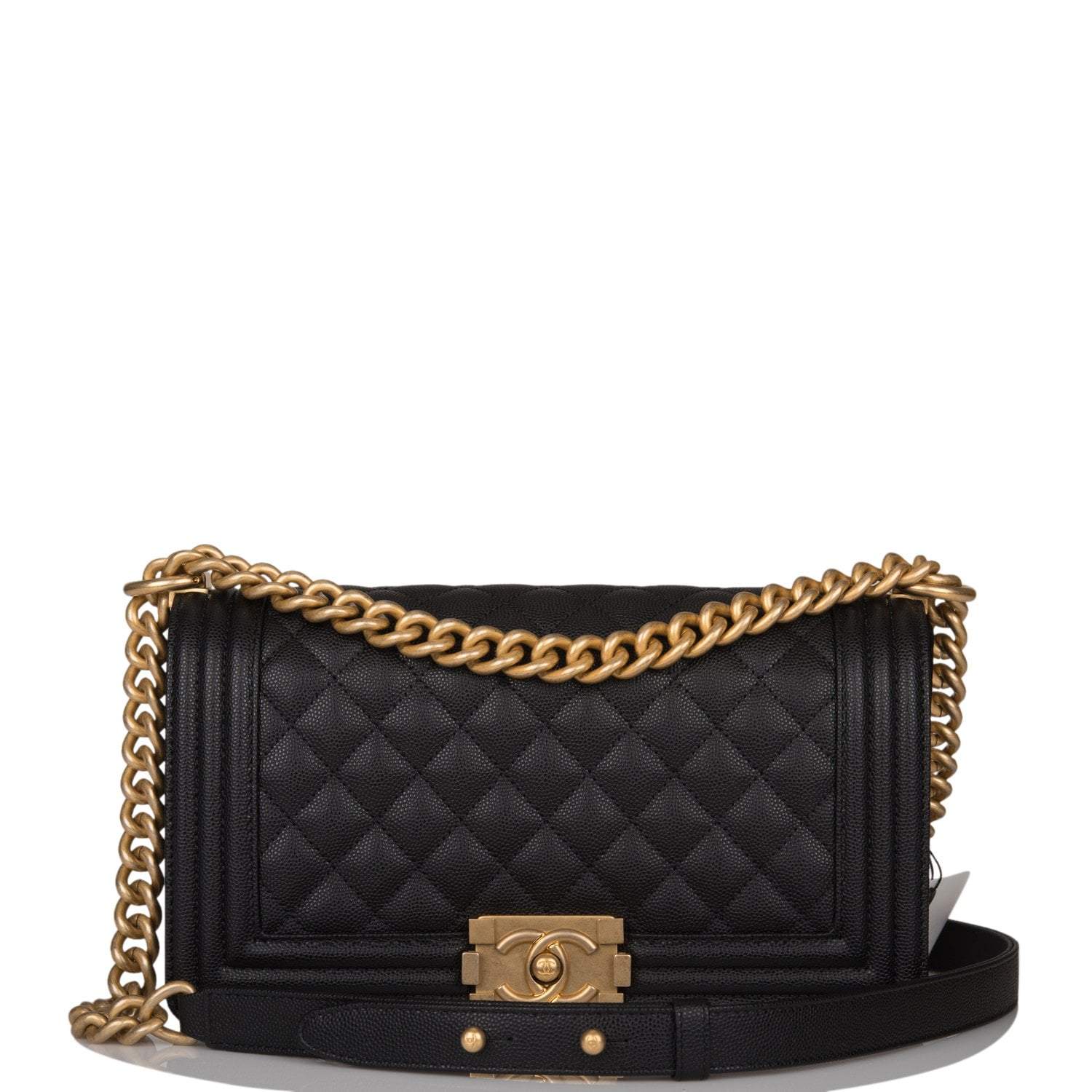 C-FNB-072921-2-1 Chanel Black Quilted Caviar Medium Boy Bag Antique Gold Hardware - Image 1