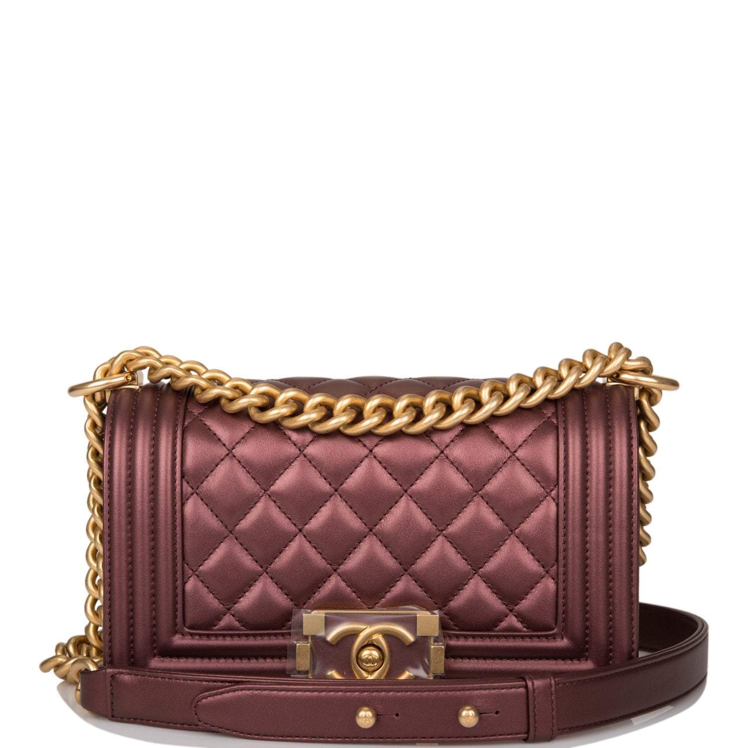 C-FNB-120820-1-1 Chanel Plum Metallic Quilted Calfskin Small Boy Bag Antique Gold Hardware - Image 1
