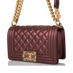 Chanel Plum Metallic Quilted Calfskin Small Boy Bag Antique Gold Hardware - Image 5