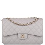 Chanel Light Gray Quilted Caviar Jumbo Classic Double Flap Bag Light Gold Hardware
