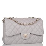 Chanel Light Gray Quilted Caviar Jumbo Classic Double Flap Bag Light Gold Hardware - Image 4