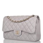 Chanel Light Gray Quilted Caviar Jumbo Classic Double Flap Bag Light Gold Hardware - Image 5