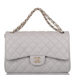 Chanel Light Gray Quilted Caviar Jumbo Classic Double Flap Bag Light Gold Hardware - Image 2