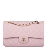 Chanel Rose Clair Quilted Caviar Medium Classic Double Flap Bag Light Gold Hardware