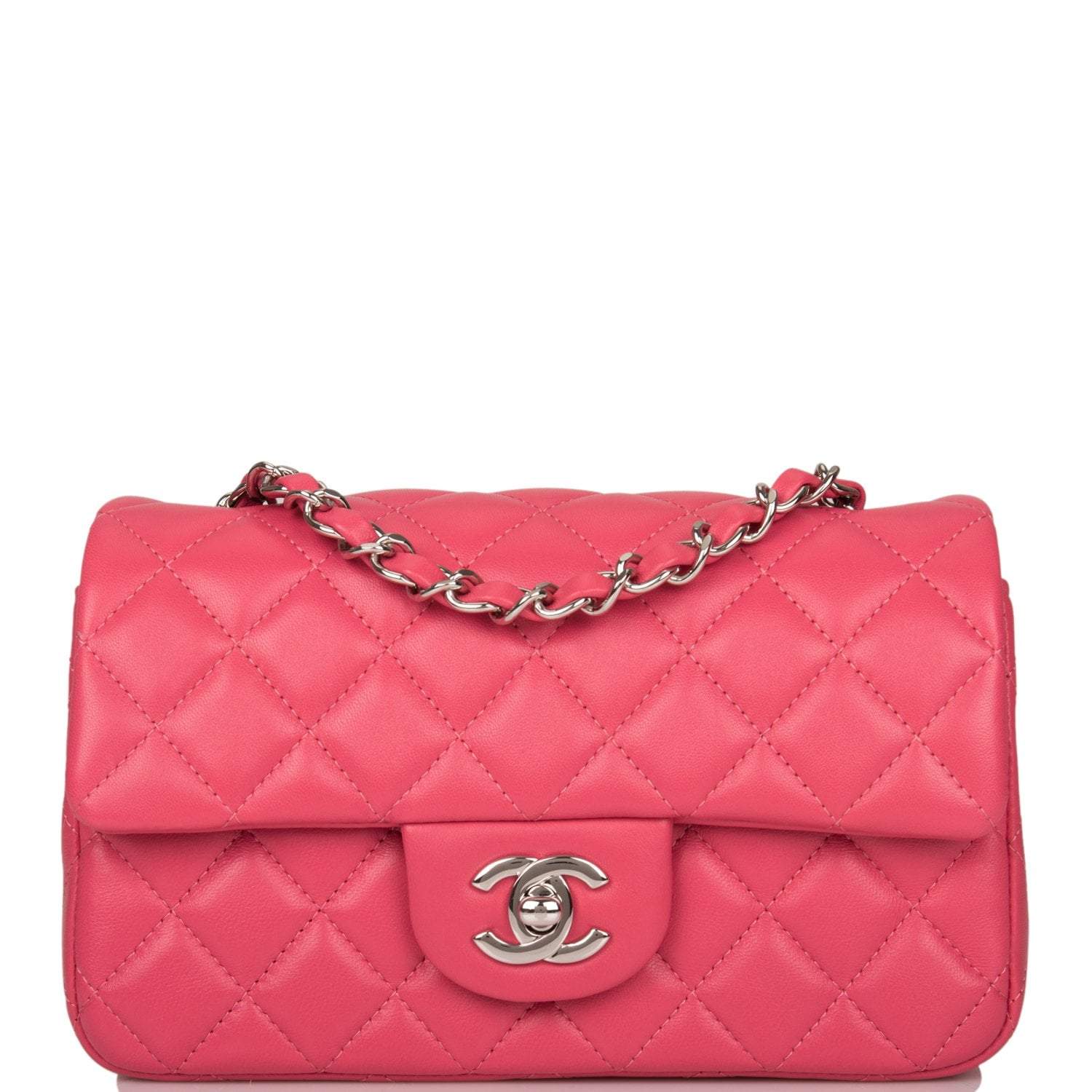 C-M255-031821-1-1 Chanel Pink Quilted Lambskin Rectangular Mini Classic Flap Bag Silver Hardware - Image 1