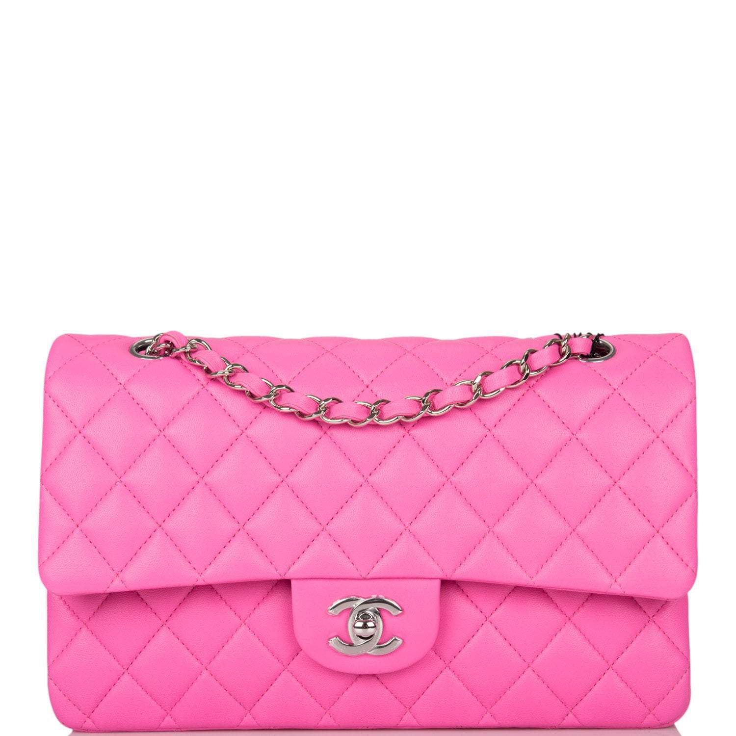 C-M255-042921-1-1 Chanel Neon Pink Quilted Lambskin Medium Classic Double Flap Bag Silver Hardware - Image 1