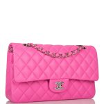 Chanel Neon Pink Quilted Lambskin Medium Classic Double Flap Bag Silver Hardware - Image 4