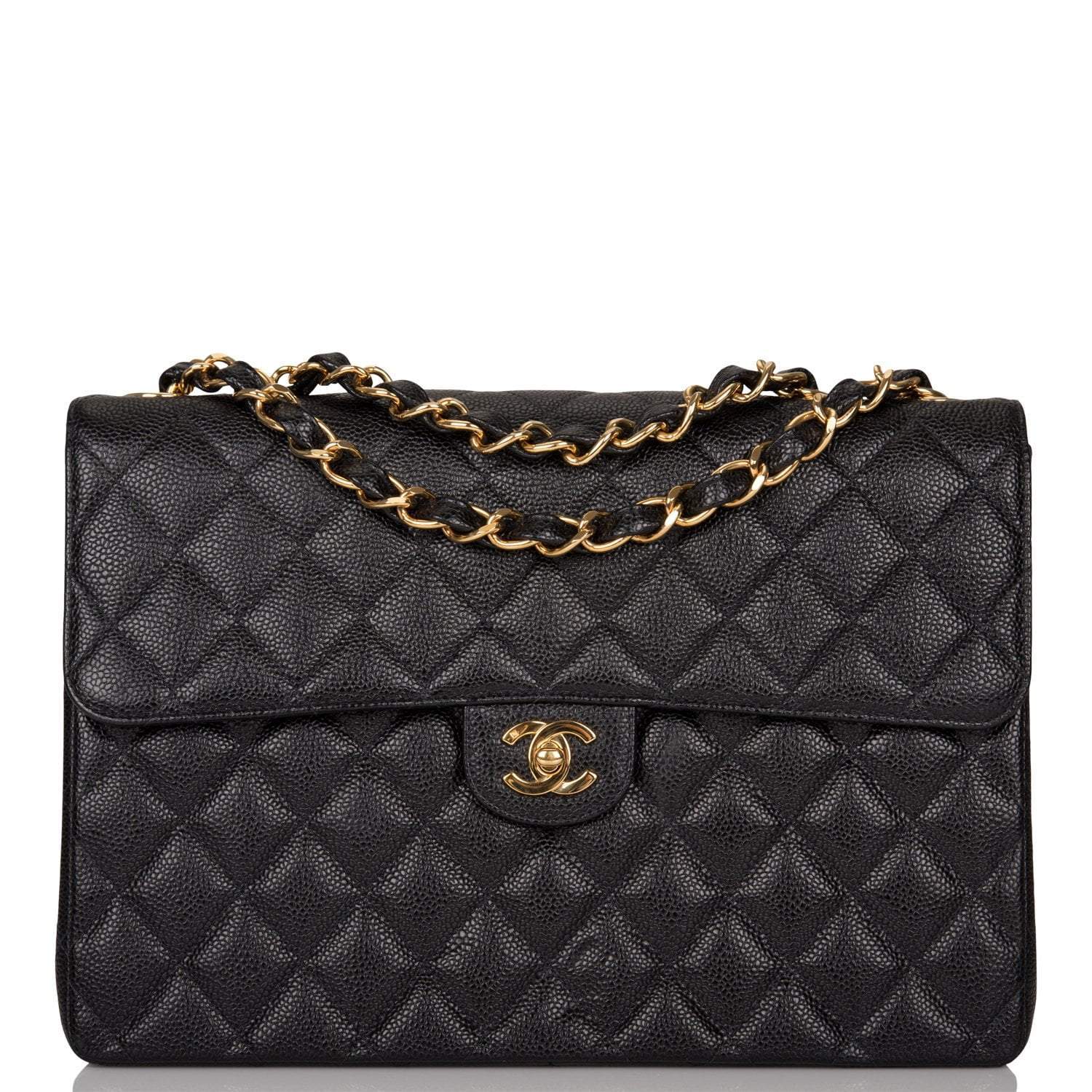 C-M255-042921-2-1 Chanel Vintage Black Quilted Caviar Jumbo Single Flap Bag Gold Hardware - Image 1