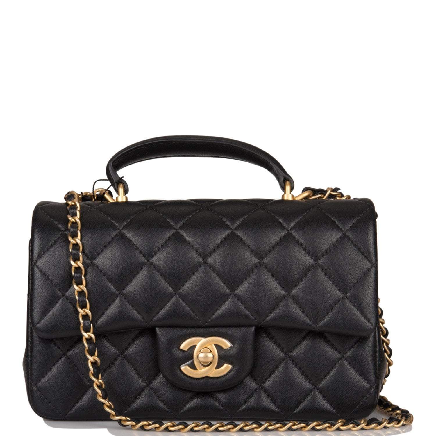 C-M255-062621-2-1 Chanel Rectangular Mini Flap Bag with Top Handle Black Lambskin Antique Gold Hardware - Image 1