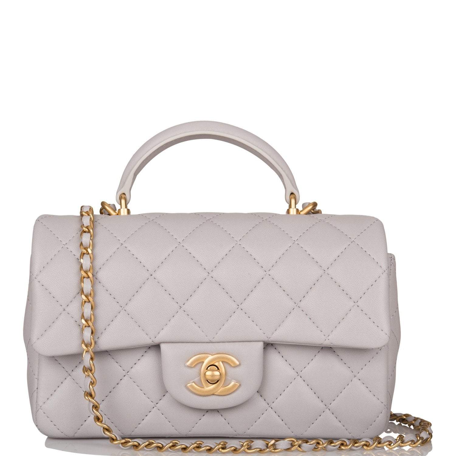 C-M255-062921-1-1 Chanel Mini Rectangular Flap Bag with Top Handle Gray Lambskin Antique Gold Hardware - Image 1