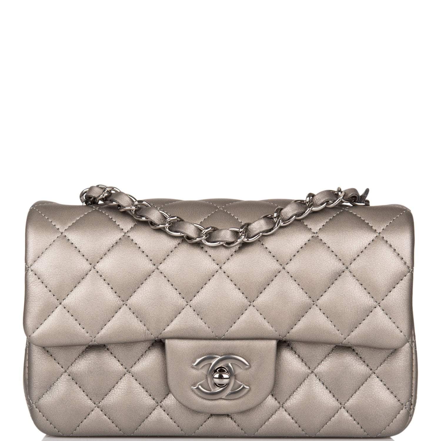 C-M255-072821-1-1 Chanel Mini Rectangular Flap Bag Ruthenium Metallic Lambskin Silver Hardware - Image 1
