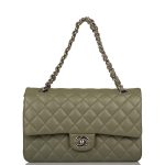 Chanel Green Quilted Lambskin Medium Classic Double Flap Bag Silver Hardware