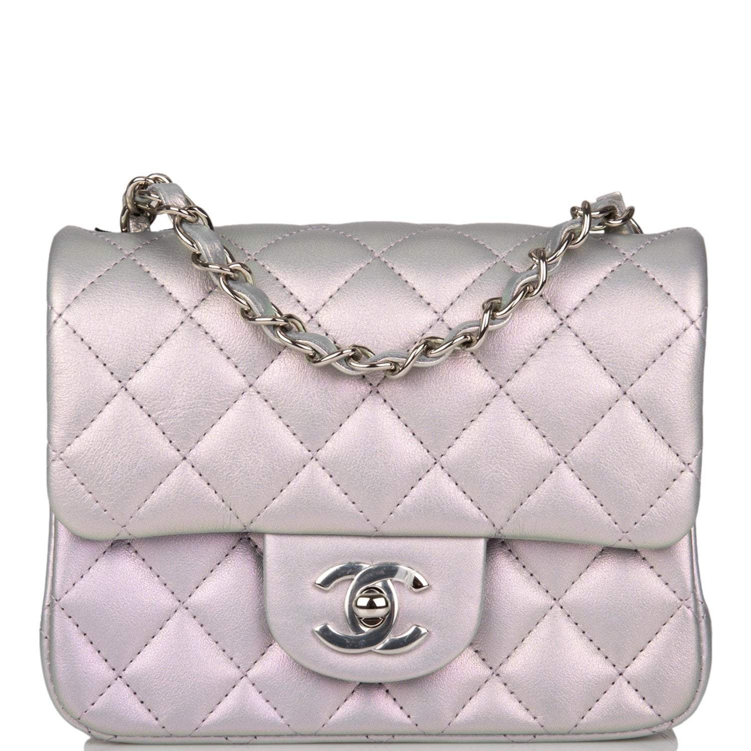 C-M255-092221-1-1 Chanel Mini Square Flap Bag Lavender Iridescent Lambskin Silver Hardware - Image 1
