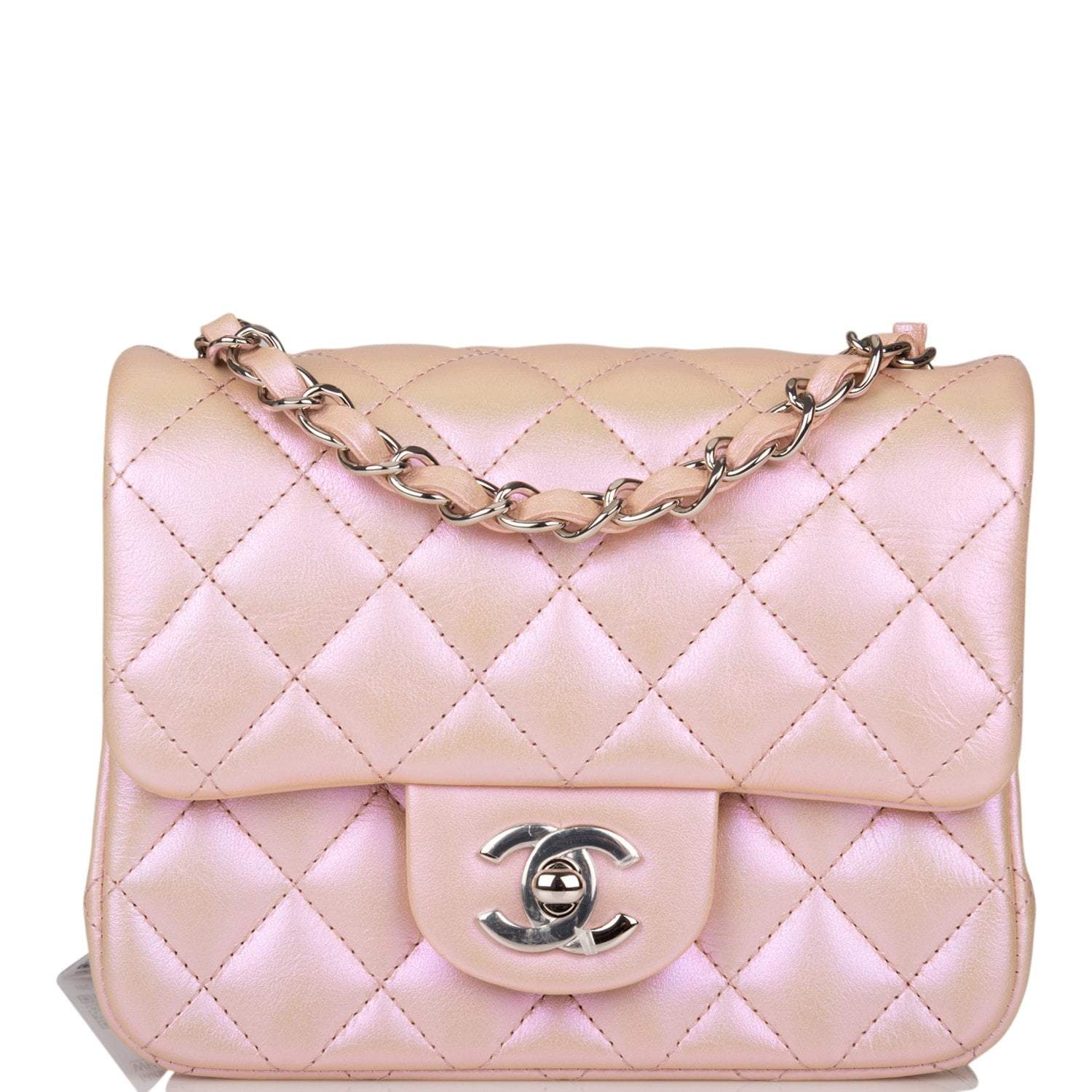 C-M255-092221-2-1 Chanel Mini Square Flap Bag Pink Iridescent Lambskin Silver Hardware - Image 1