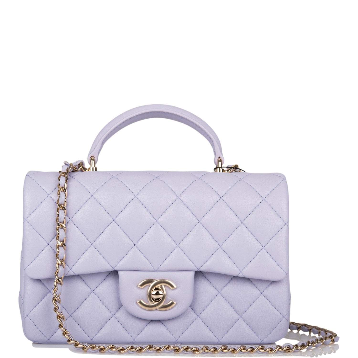 C-M255-092221-3-1 Chanel Rectangular Mini Flap Bag with Top Handle Lavender Quilted Lambskin Light Gold Hardware - Image 1