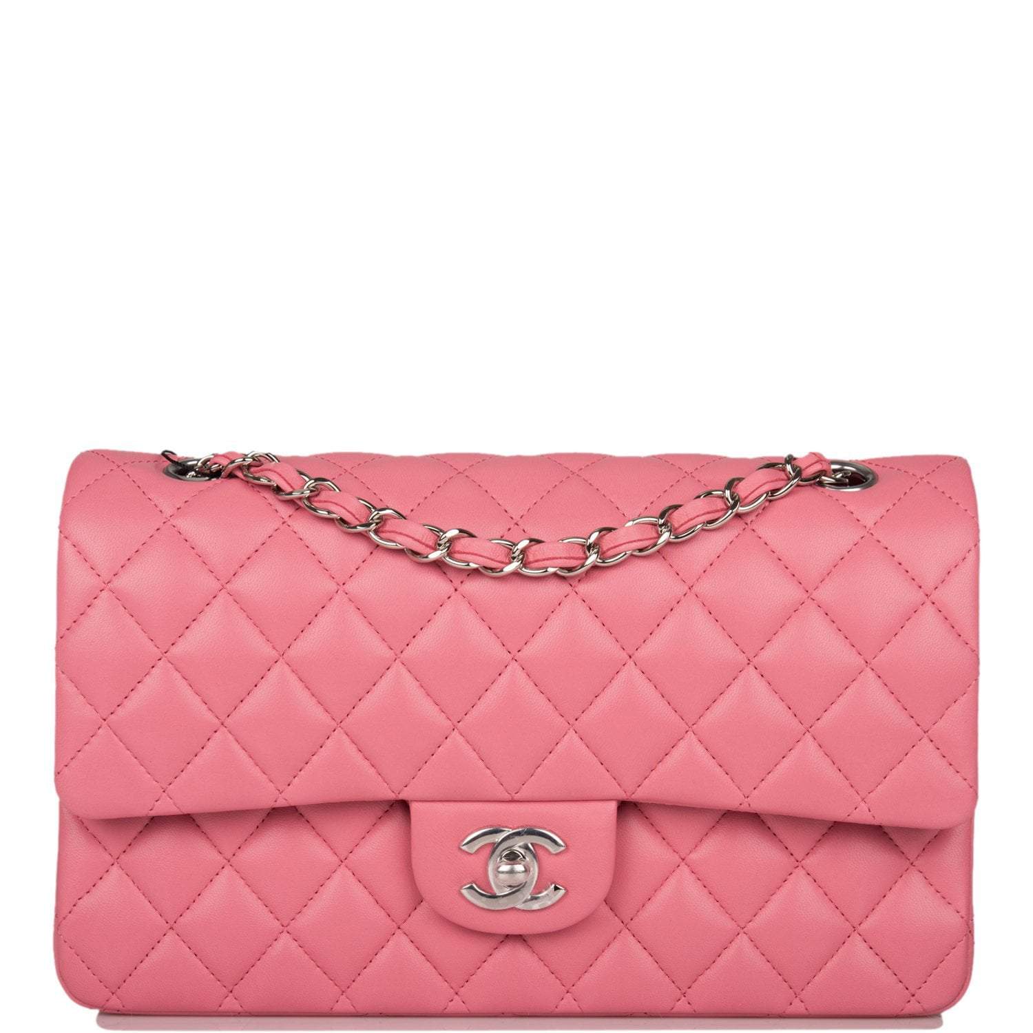 C-M255-092421-3-1 Chanel Medium Classic Double Flap Rose Pink Lambskin Silver Hardware - Image 1