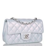 Chanel Mini Rectangular Flap Bag Blue Iridescent Lambskin Silver Hardware - Image 3