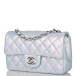 Chanel Mini Rectangular Flap Bag Blue Iridescent Lambskin Silver Hardware - Image 4