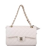 Chanel White Quilted Caviar Small Classic Double Flap Bag Light Gold Hardware - Image 2