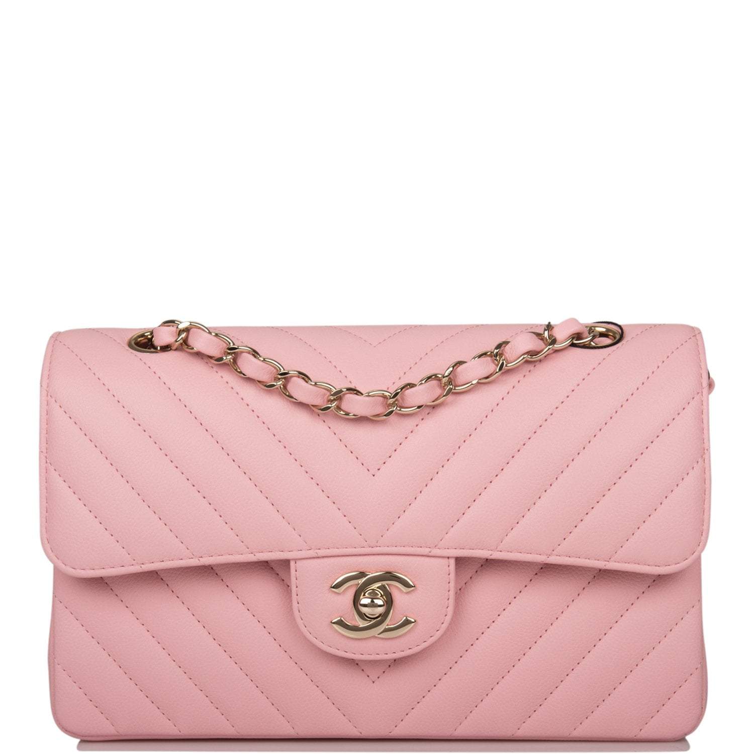 C-SM255-052721-1-1 Chanel Pink Chevron Caviar Small Classic Double Flap Bag Light Gold Hardware - Image 1