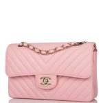 Chanel Pink Chevron Caviar Small Classic Double Flap Bag Light Gold Hardware - Image 5