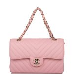 Chanel Pink Chevron Caviar Small Classic Double Flap Bag Light Gold Hardware - Image 2