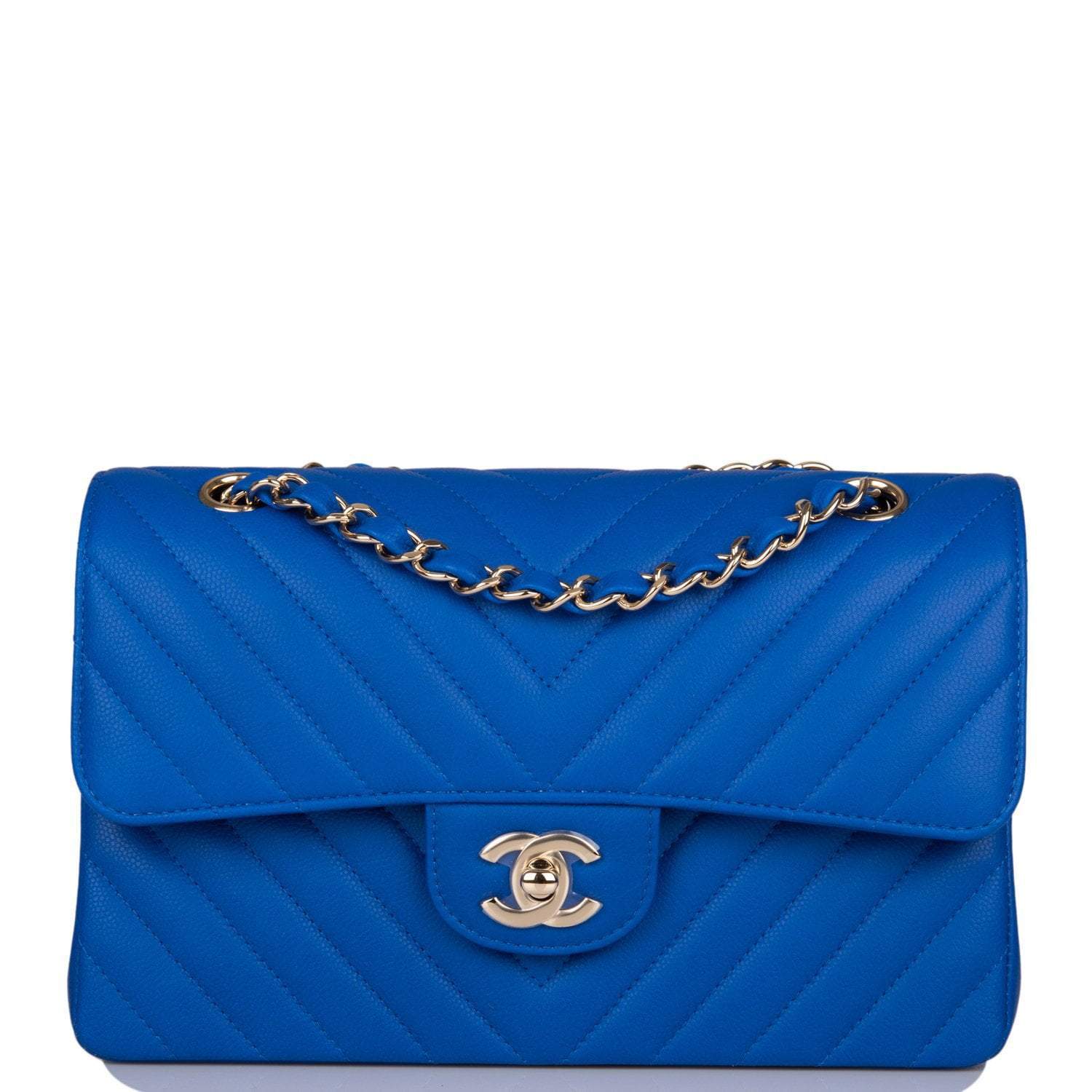 C-SM255-082521-1-1 Chanel Small Classic Double Flap Blue Chevron Caviar Gold Hardware - Image 1