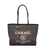 Chanel Small Deauville Shopping Bag Black Wool Silver Hardware