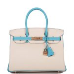 Hermes Birkin 30cm Bi-Color Craie and Bleu Atoll Togo  Rose Gold Hardware