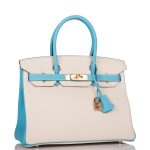 Hermes Birkin 30cm Bi-Color Craie and Bleu Atoll Togo  Rose Gold Hardware - Image 2
