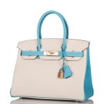 Hermes Birkin 30cm Bi-Color Craie and Bleu Atoll Togo  Rose Gold Hardware - Image 5
