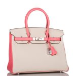 Hermes Birkin 30cm Bi-Color Craie and Rose Lipstick Clemence  Palladium Hardware - Image 5