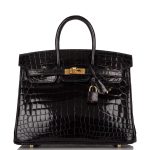 Hermes Black Shiny Niloticus Crocodile Birkin 25cm Gold Hardware