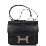 Hermes Black Matte Alligator and Ombre Lizard Marquette Constance 24cm Palladium Hardware
