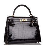 Hermes Black Shiny Niloticus Crocodile Sellier Kelly 28cm Gold Hardware - Image 2
