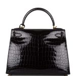 Hermes Black Shiny Niloticus Crocodile Sellier Kelly 28cm Gold Hardware - Image 4