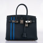 Hermes Birkin 30 Officier Vert Cyprès Togo & Bleu Zellige Stripe & Lining Palladium Hardware - 2018, C - Image 10